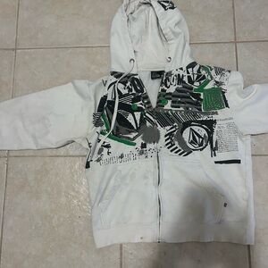 Vintage Volcom White Zip UpHoodie with Green & Black Graphic All Over (Stains)